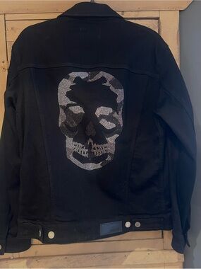 Zadig & Voltaire women’s Black Denim Jacket with Rhinestone Skull size large